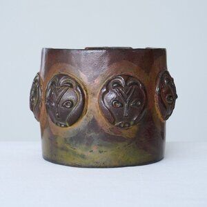 Vintage Raku Pottery Planter Round Hand Sculpted Faces Tribal Pot Iridescent